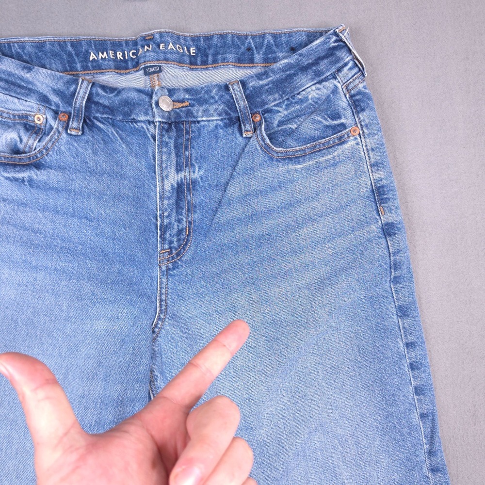 American Eagle Stovepipe Jeans High Rise Light Wash Blue 12 Raw Hem Strigid - Picture 2 of 11